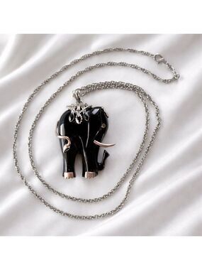 Black Elephant Pendant Necklace Silver Tone Chain Lucky Elephant Statement 34"